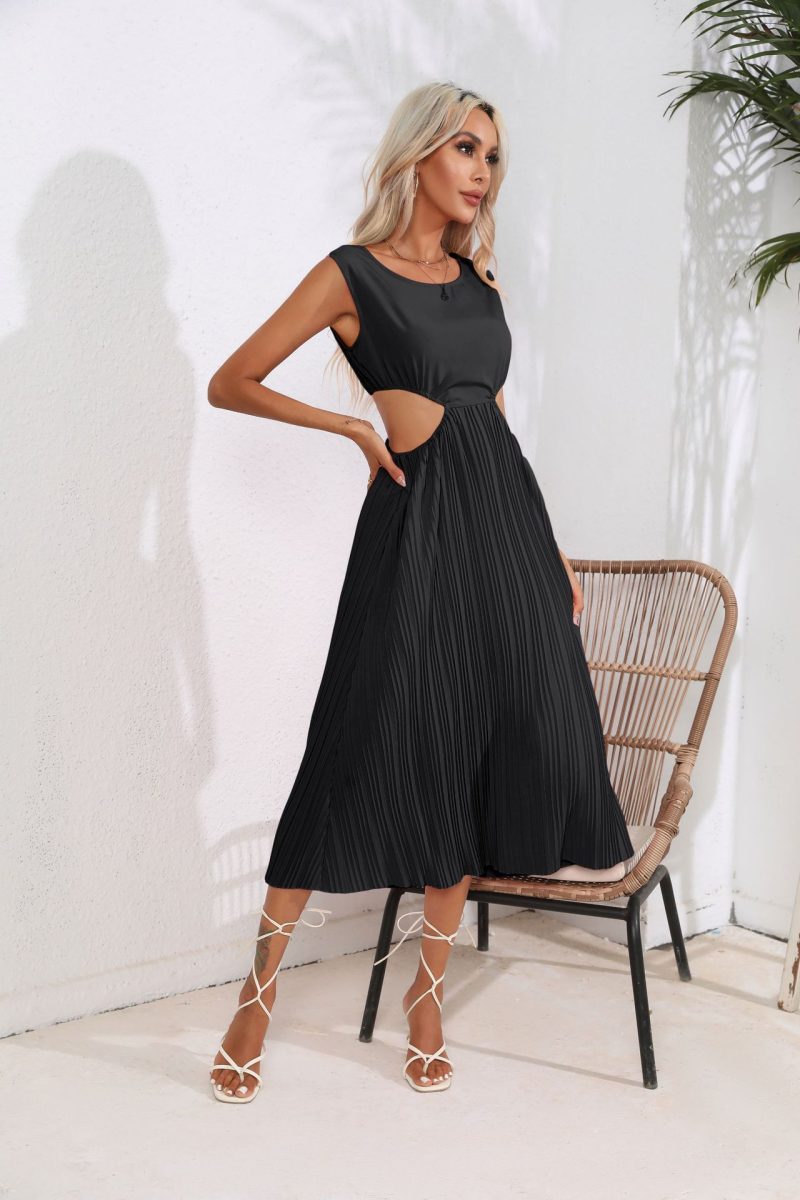Hollowed Out Cropped Outfit Pleated Dress Sleeveless Swing Mid Length Vest Dress Women Women Clothing - Image 2