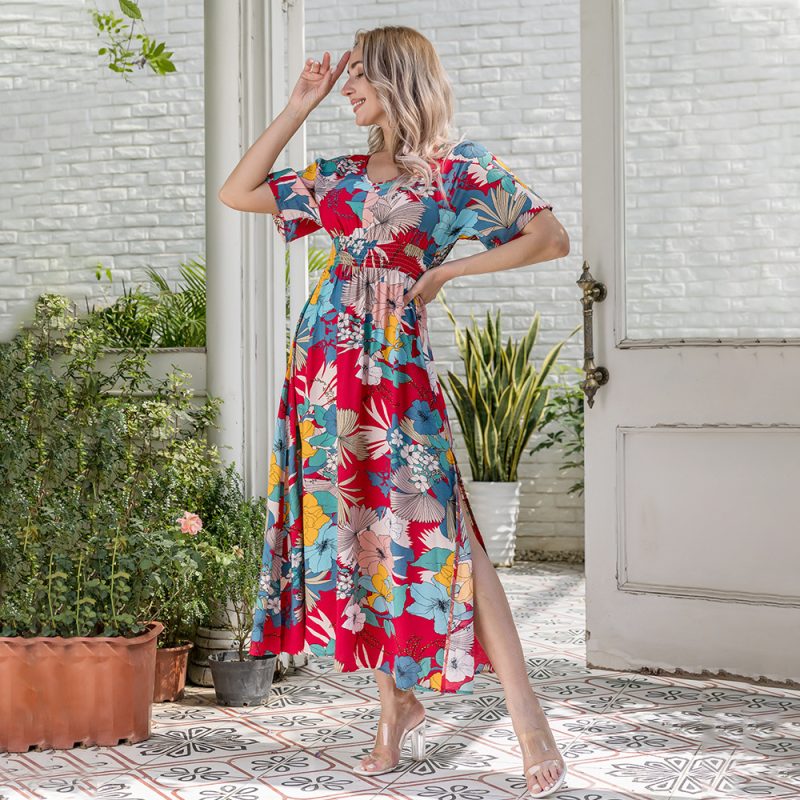 Women Clothing Dress  Women Clothing Printed Short Sleeve Long Pattern Slimming Dress for Women