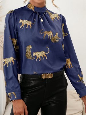 Spring Summer Leopard Printed Shirt Long Sleeve Pullover Shirt Top for Women