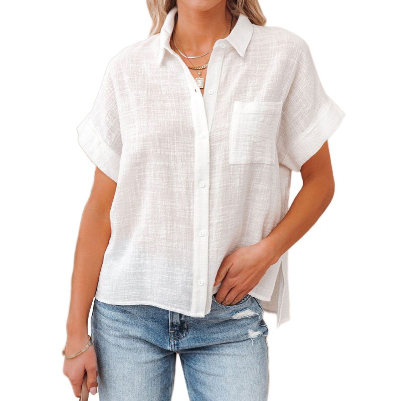 Summer Polo Collar Solid Color Short Sleeve Casual Women Cotton Linen Shirt Top Women Clothing - Image 4