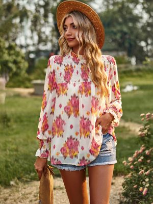 Floral Print Top Spring Summer Elegant Double Layer Women Clothing