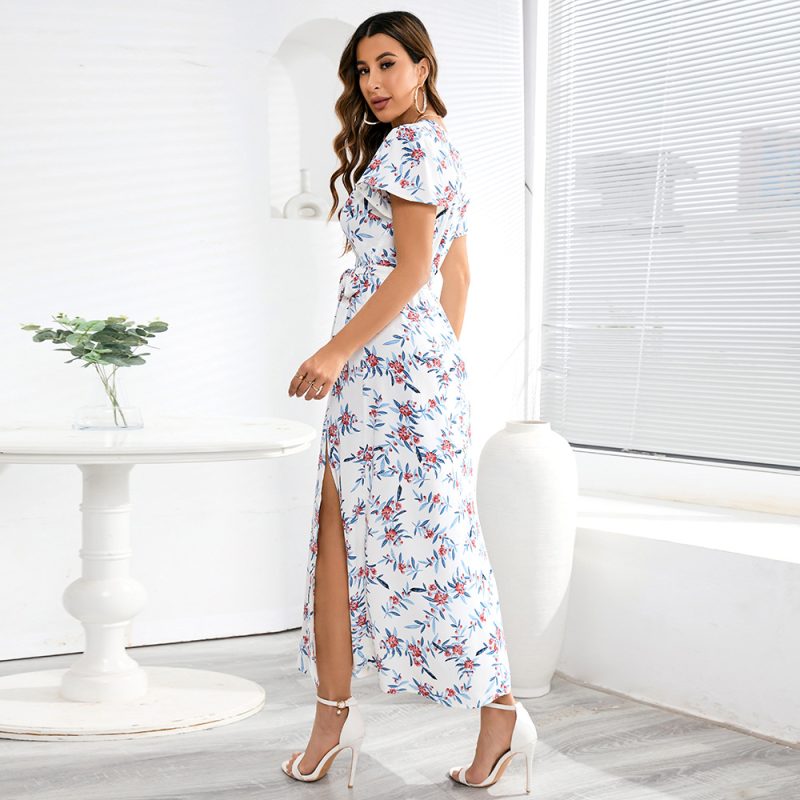 Sexy Bohemian V neck Floral Slit  Summer Women Clothing Chiffon Dress - Image 3
