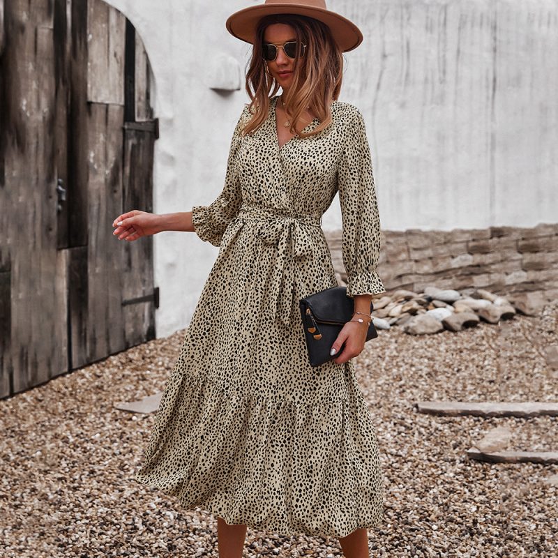Self-Made Real Shot Casual Vacation Floral Long Sleeve Autumn Winter Dress Large Swing - Image 3