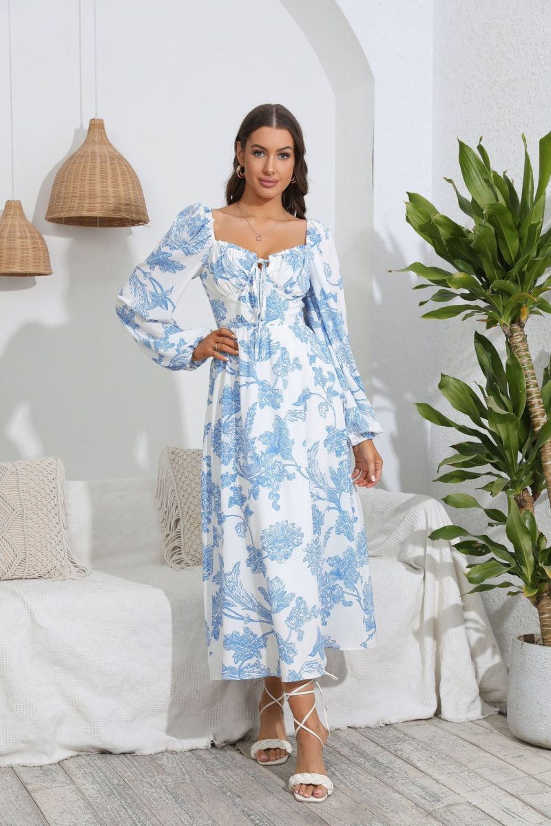 Printed Dress Women Lace up Puff Sleeve Ruffles Vacation Dress - Image 3