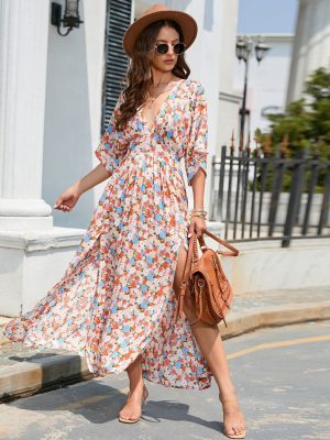 European Spring Summer Sexy Deep V Plunge Neck Small Floral Tight Waist Dress Vacation Dress