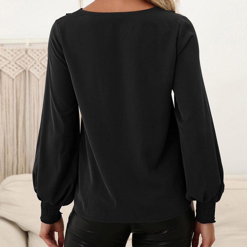Stitching Wooden Ear Lace Smocking Long Sleeved Shirt round Neck Pullover Shirt Top for Women - Image 2