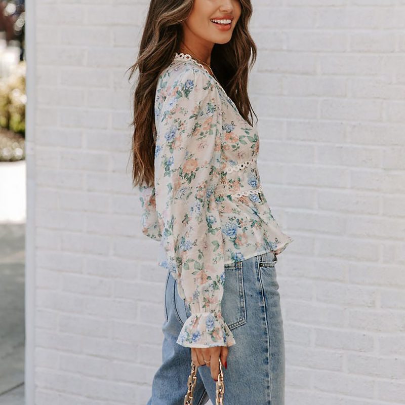 Spring Summer Printed V-neck Lantern Long Sleeve Casual Patchwork Chiffon Shirt Women Top - Image 4
