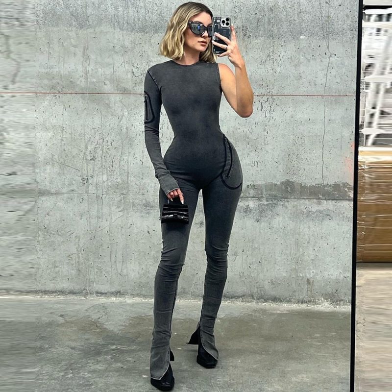 Sexy Women Wear Autumn Hollow Out Cutout Zipper Pocket Unilateral Sleeve Jumpsuit - Image 3