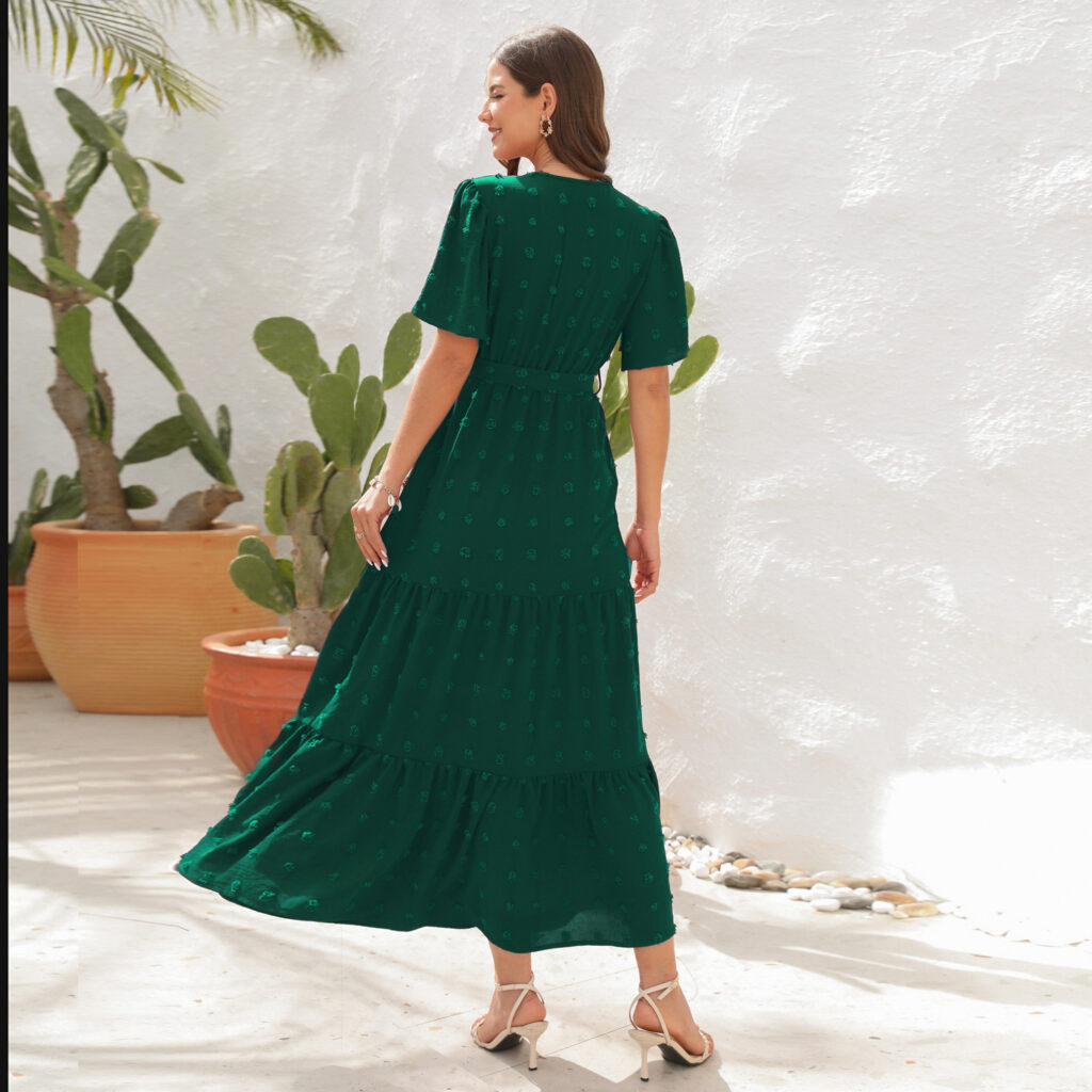 V neck High Waist Tied Dress Fur Ball Long Short Sleeve Dress Holiday Travel Dress - Image 3
