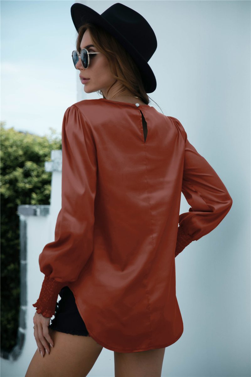 Spring Autumn Smocking Long Sleeve Solid Color round Neck Shirt - Image 5
