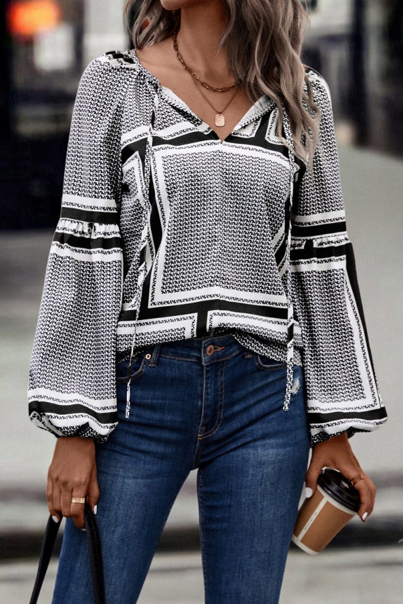 Autumn Winter Women Clothing Lantern Sleeve Printed Shirt - Image 4