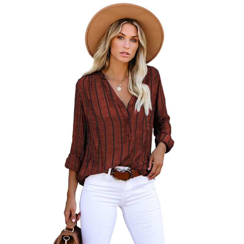 Autumn Women Striped Shirt Loose Single-Breasted Long Sleeve Top - Image 5