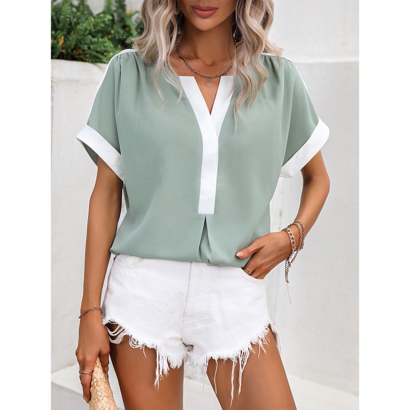 Eaby Shopee Casual Shirt Y Shaped Collar White Green Stitching Short Sleeve Shirt - Image 2