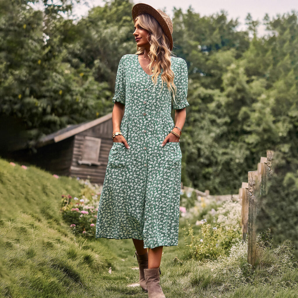 Women Dress Spring Summer Print Elegant A line Dress