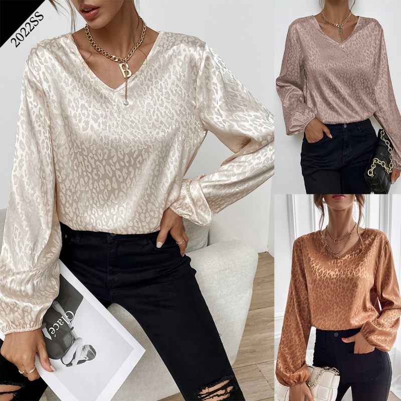 Spring V-neck Pullover Leopard-Print Shirt Women Artificial Silk Jacquard Long-Sleeved Shirt - Image 4