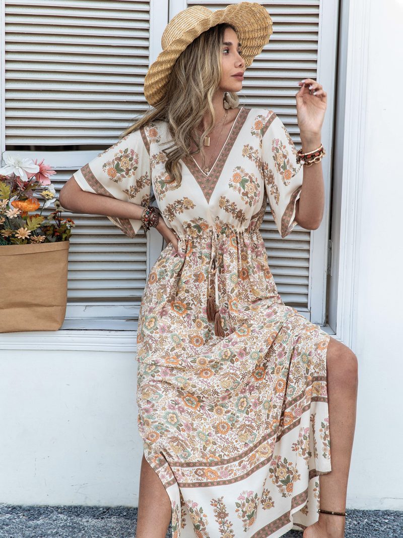 Bohemian Beige Printed Dress Long Tassel Women - Image 5