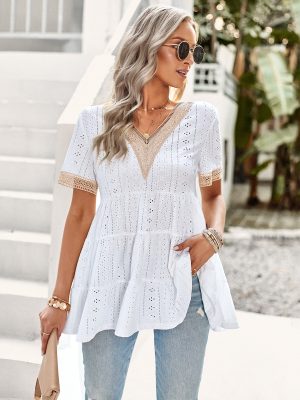 Summer V Neck Hollow Out Cutout Jacquard Short Sleeve Top