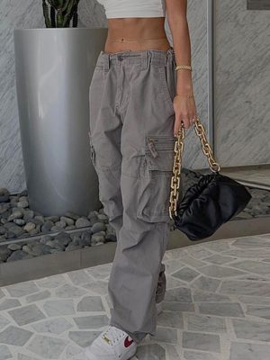 Light Gray Casual with Big Pockets Overalls Autumn Trendy Women Low Waist Loose Waist Straight Jeans