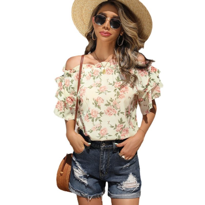 Summer -Selling Arrival off-Shoulder Printed Pleated off-Shoulder Women Top T-shirt - Image 5