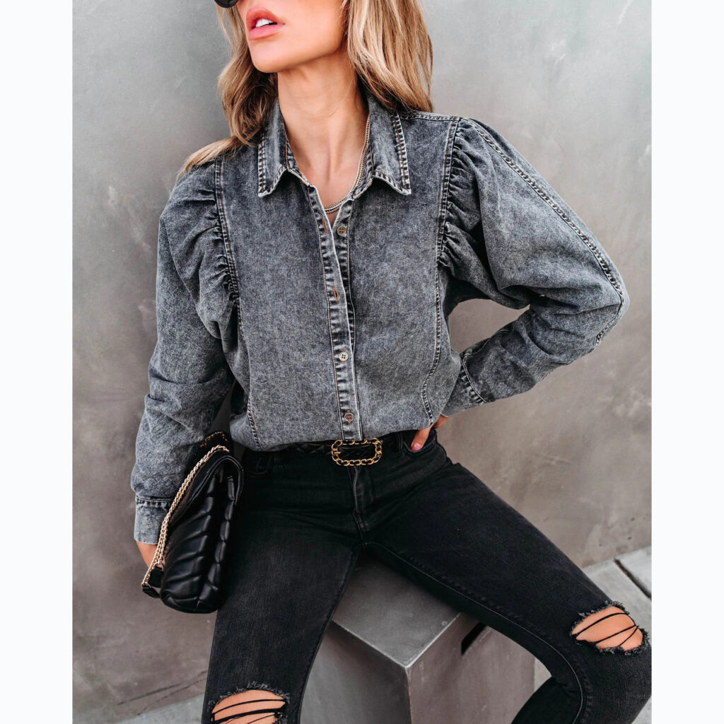 Autumn Winter Collared Casual Street Denim Shirt Women - Image 4
