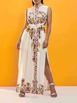 Floral Print Slit Simple Lace up Waist Controlled Slimming Dress Maxi Dress for Women