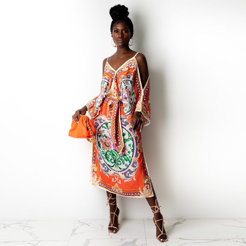African Fashion Digital Printed Sexy Sling Loose Sleeves Split Baroque Chain Dress for Women - Image 2