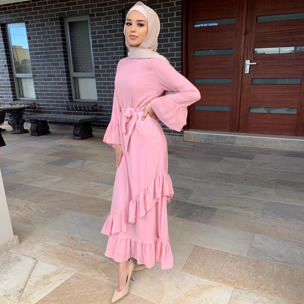 Women Muslim Ethnic Maxi Dress Ruffled Patchwork Flared Sleeves Dress - Image 3