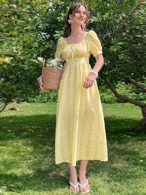 Summer French Floral Yellow Dress Puff Sleeve Fairy Waist Tight Fresh Dress Women