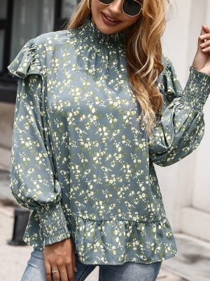 Loose Floral Stand Collar Ruffle Long-Sleeved Shirt Printed Pullover Shirt Top for Women