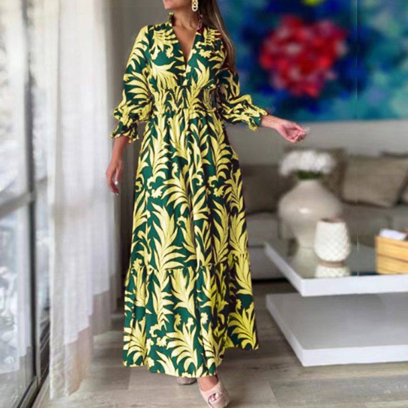 Autumn Winter Maxi Dress Waist Tight Pullover Bohemian Printed Long Sleeve Big Hem Dress - Image 2