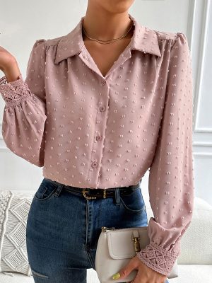 Spring Summer Office Fur Ball Stitching Lace Shirt Top Women