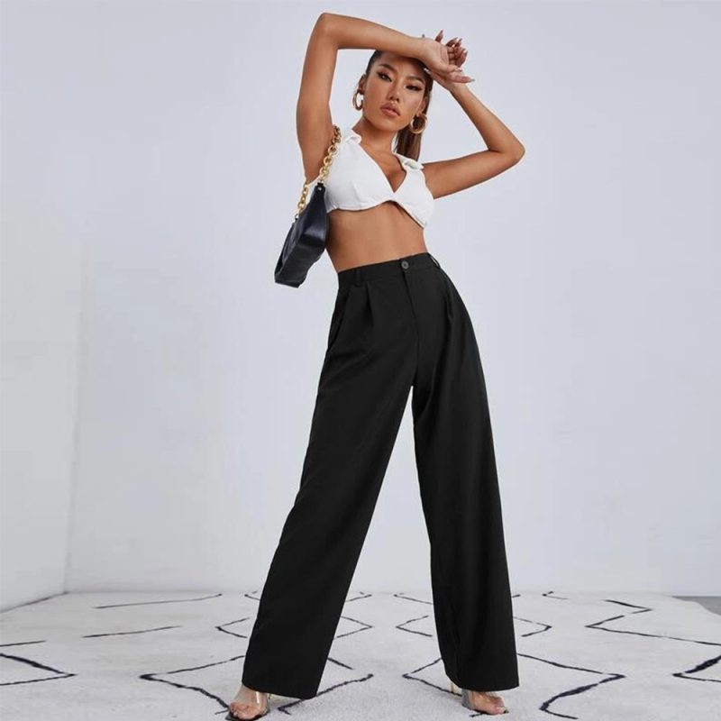 Work Pant Women Summer High Waist Casual Pants Loose Slimming Straight Draping Effect Wide Leg Pants - Image 4