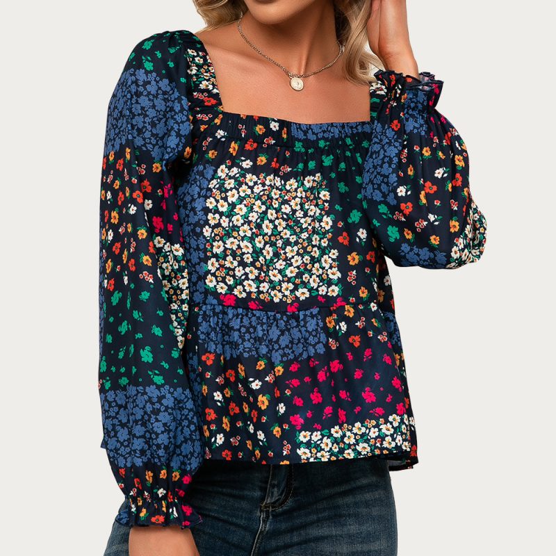 Square Collar Ruffle Sleeve Printed Shirt Floral Long Sleeved Casual Shirt Top Women - Image 4