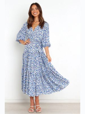 Spring Summer Floral Fresh Sweet Mid-Sleeve V neck Dress