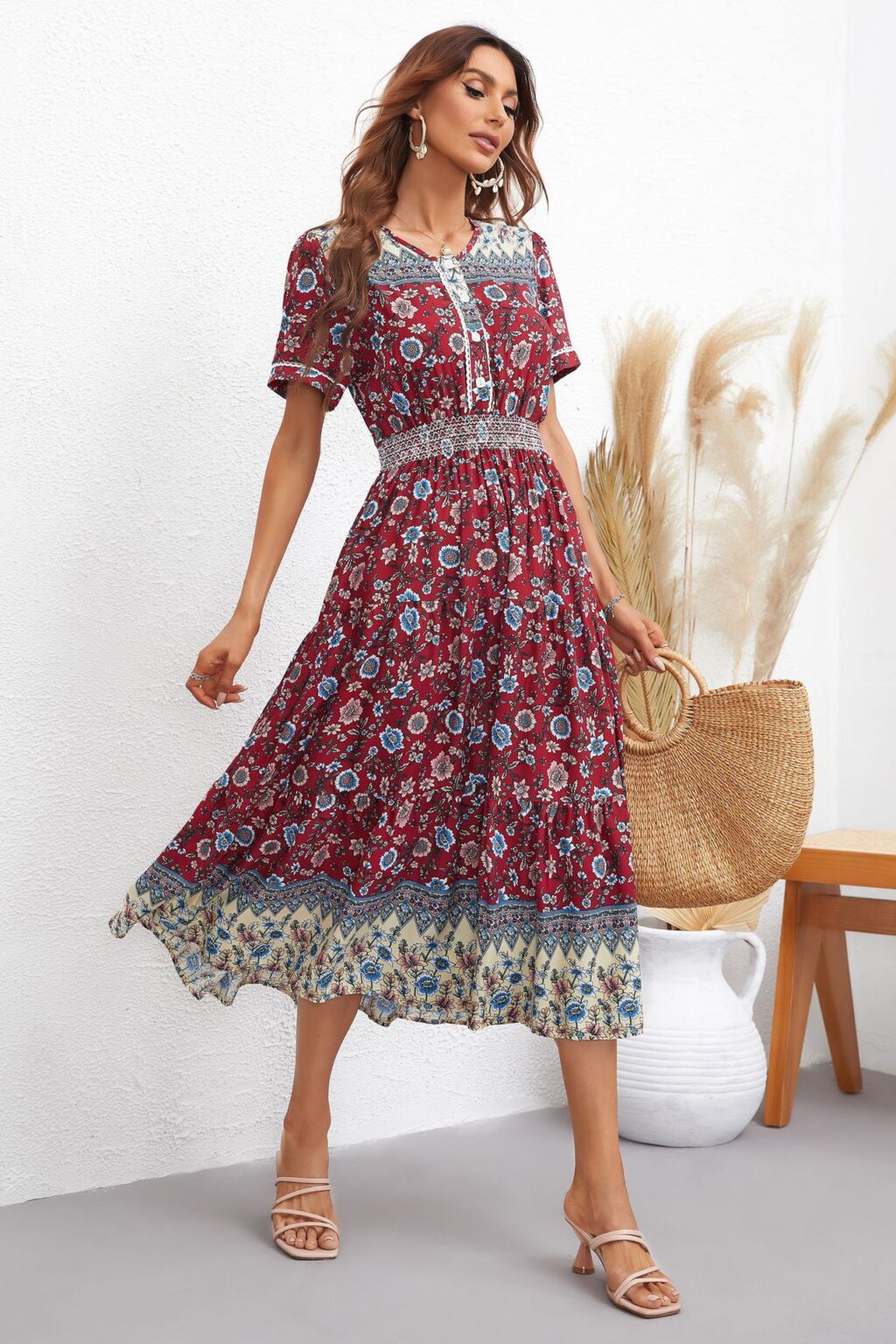 Women Dress Short Sleeve Printed Maxi Dress