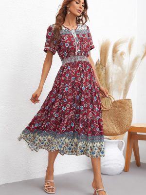 Women Dress Short Sleeve Printed Maxi Dress