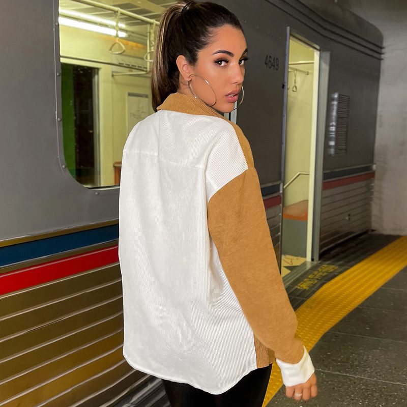 Autumn Winter Long Color Contrast Patchwork Top Pocket Sexy Single-Breasted Long Sleeve Shirt for Women - Image 2