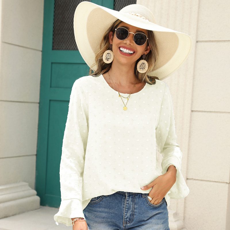 Autumn New Pullover round-Neck Flared Sleeves Jacquard Wave Point Office Women Shirt - Image 2