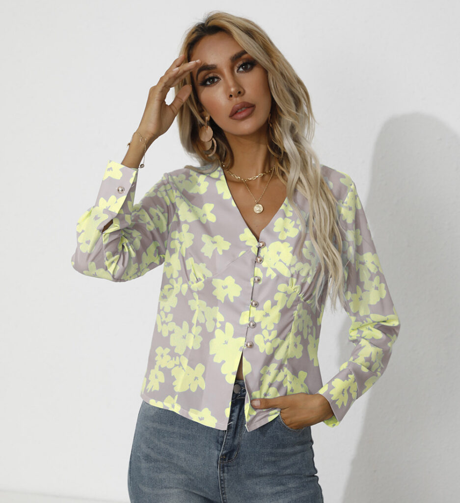 Fall Women Clothing Printing Single-Breasted V-neck Long Sleeve Shirt - Image 3