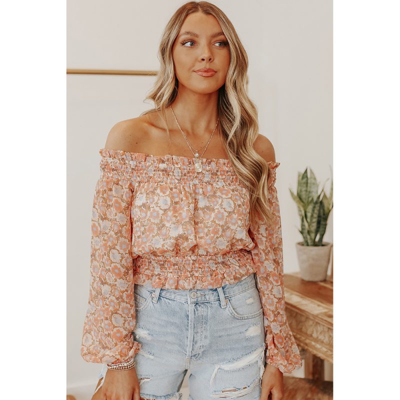 Sexy off-Shoulder off-Shoulder Long-Sleeved Top Women Spring Autumn Waist-Tight Floral T-shirt - Image 4