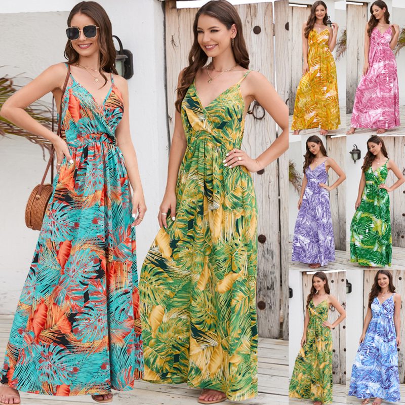 Women  Bohemian Printed Maxi Dress Sexy V neck Strap Dress - Image 4