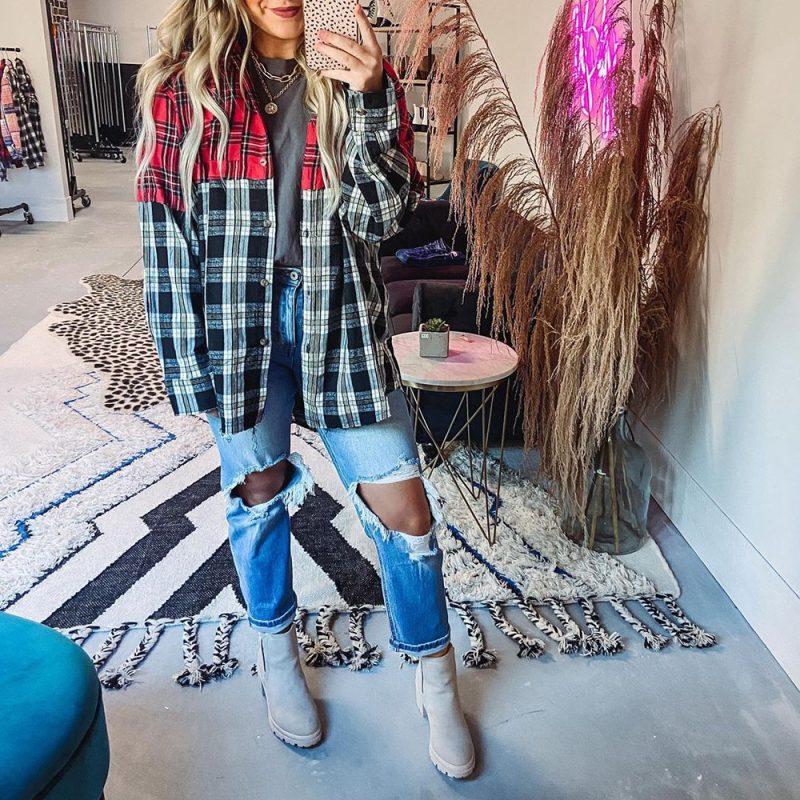 Autumn Winter Plaid Casual Shirt Stitching Printing Long Sleeve Cardigan  Women - Image 2