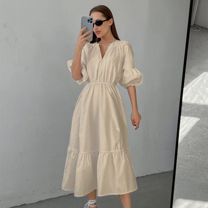 Summer Office Klein Blue Puff Sleeve High Waist A- line Dress Maxi Dress Fashionable Simple Women Dress - Image 4