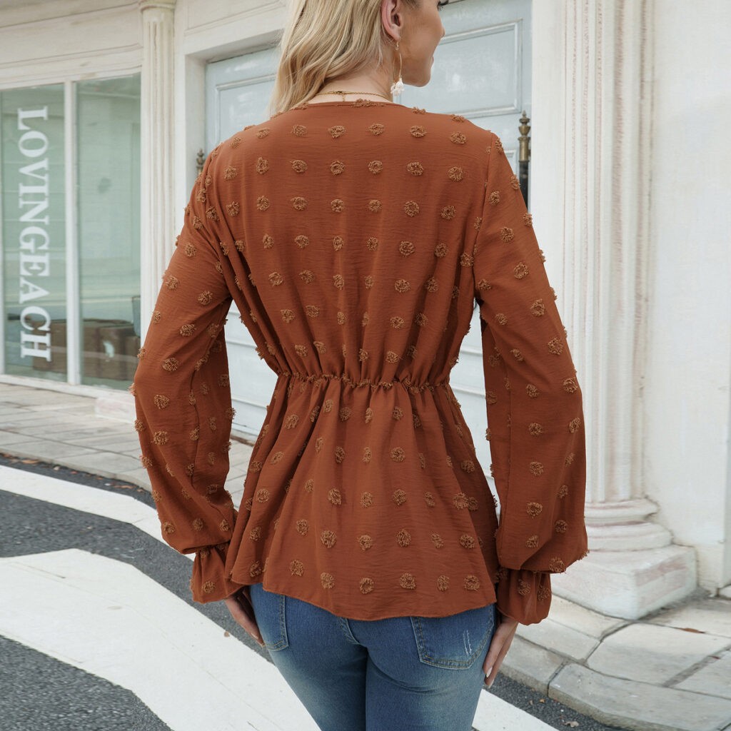 Exclusive Women Clothing Long Sleeve V neck Casual Top Shirt - Image 2