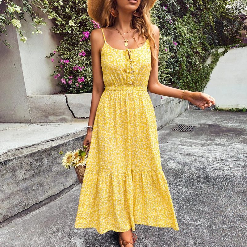 Spring Summer Printed Strap Lace up Vacation Dress