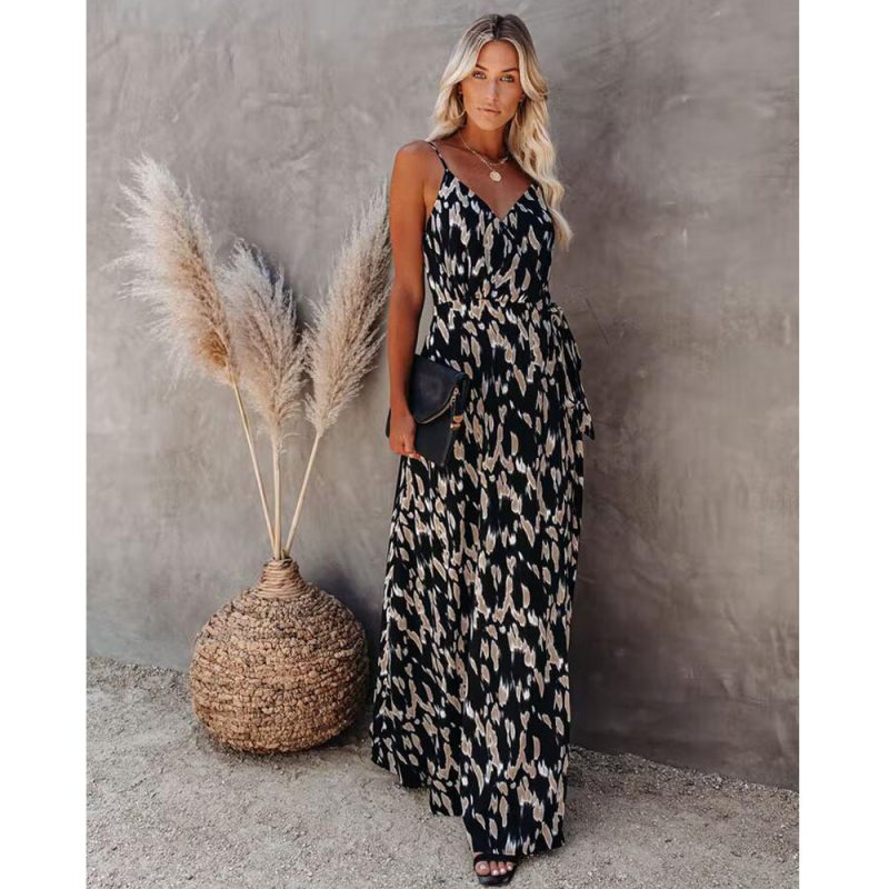 Popular Spring Summer Sexy Backless Print Slit Design Maxi Dress Cami Dress for Women - Image 3