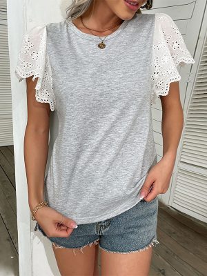 Loose Crew Neck Top Casual Patchwork Short Sleeve Women Summer