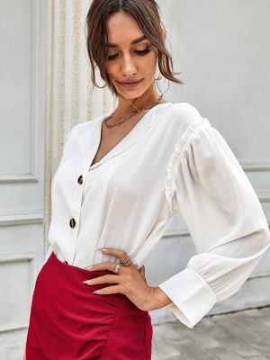 High Grade Elegant Shirt Spring Autumn V neck Long Sleeve White Shirt Women