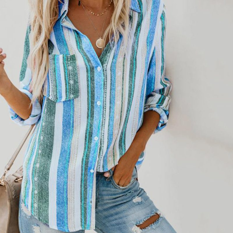 Autumn Striped Collared Long Sleeve Cardigan Single-Breasted Shirt Women - Image 2