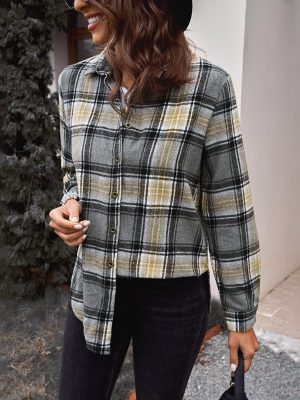 Fall Mid Length Plaid Shirt For Women Collared Loose Long Sleeve Top